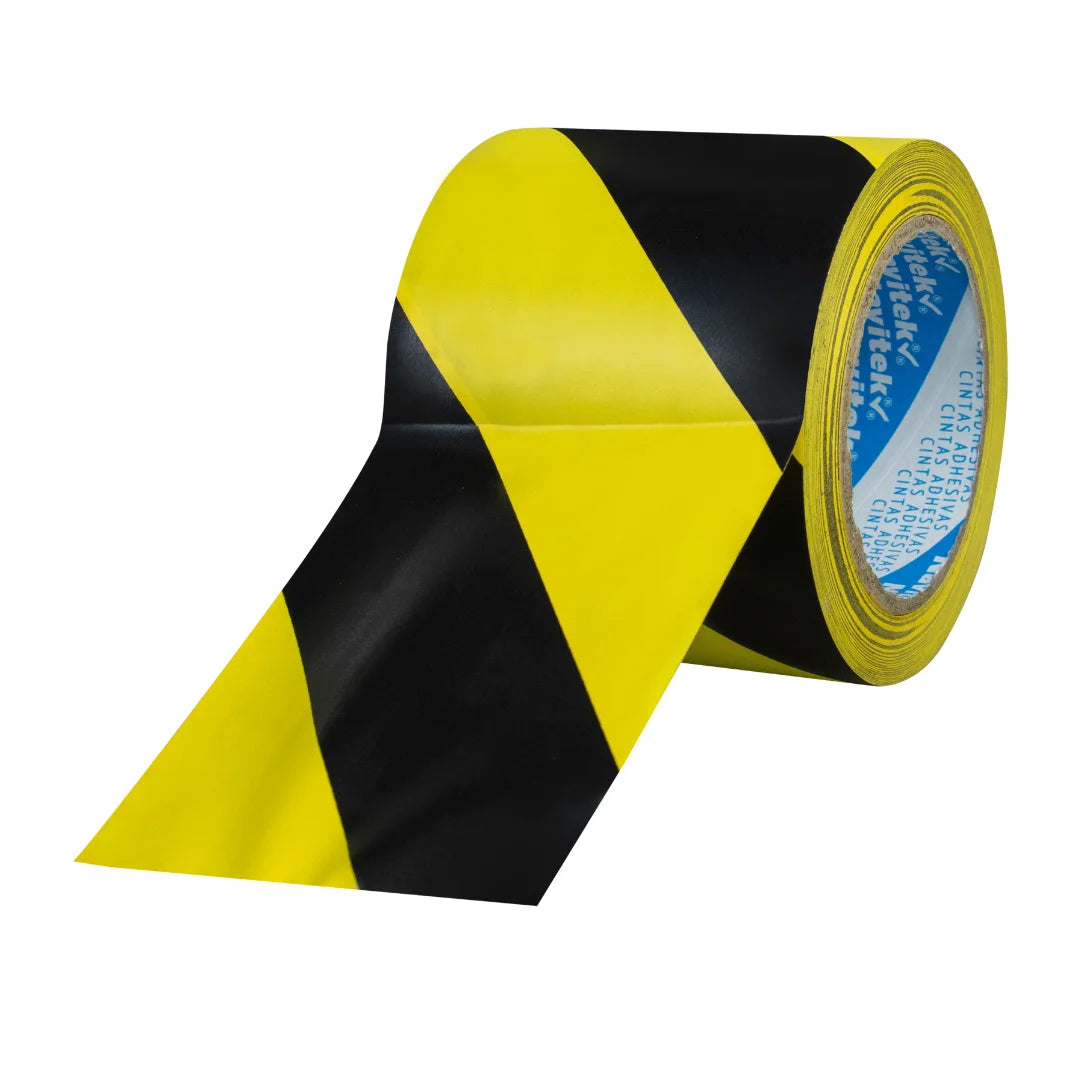 Cinta adhesiva delimitadora negro con amarillo. 33 m x 96 mm. Para Paquetes.