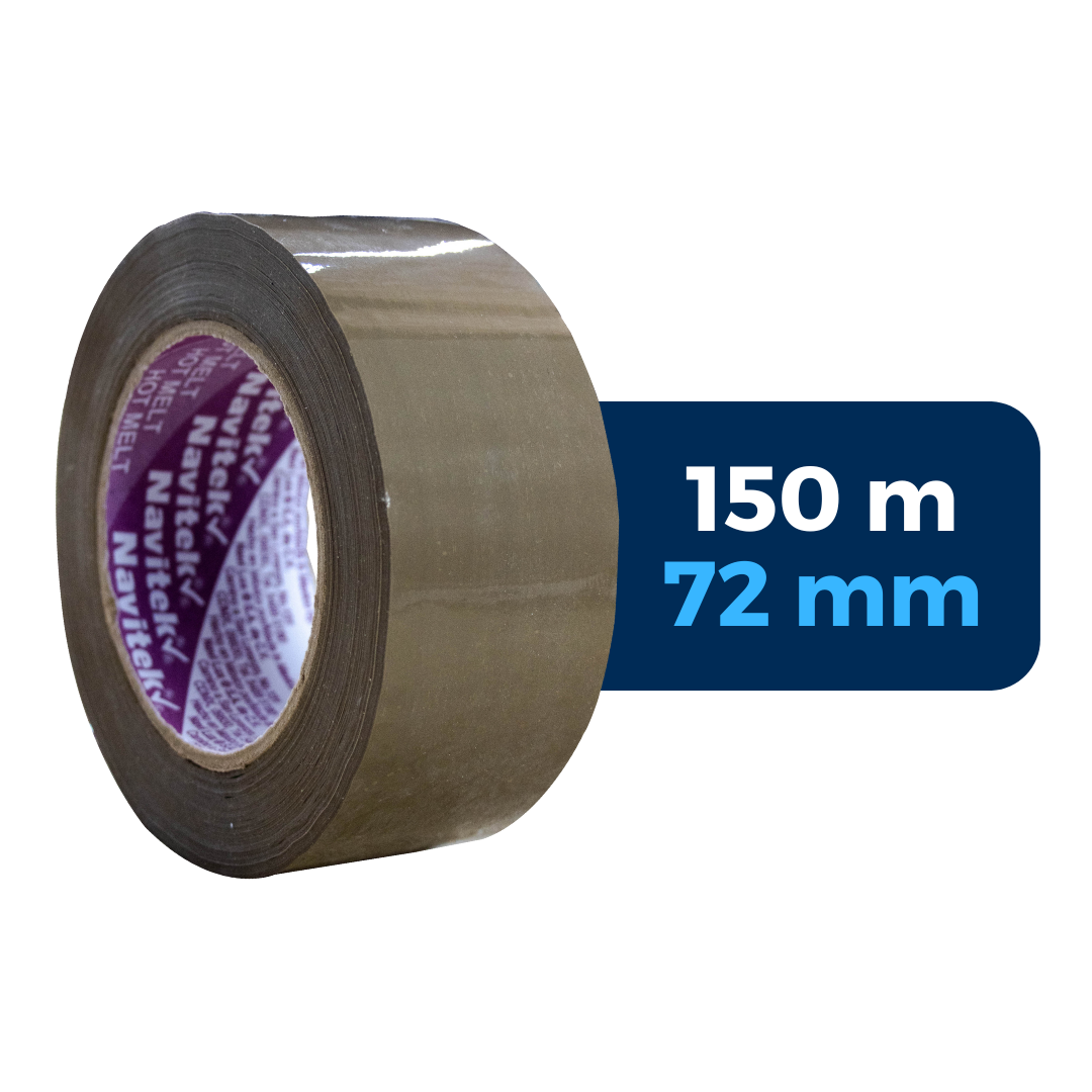 Cinta adhesiva canela de uso 100. Marca Navitek. 72 mm x 150 m. Para Paquetes.