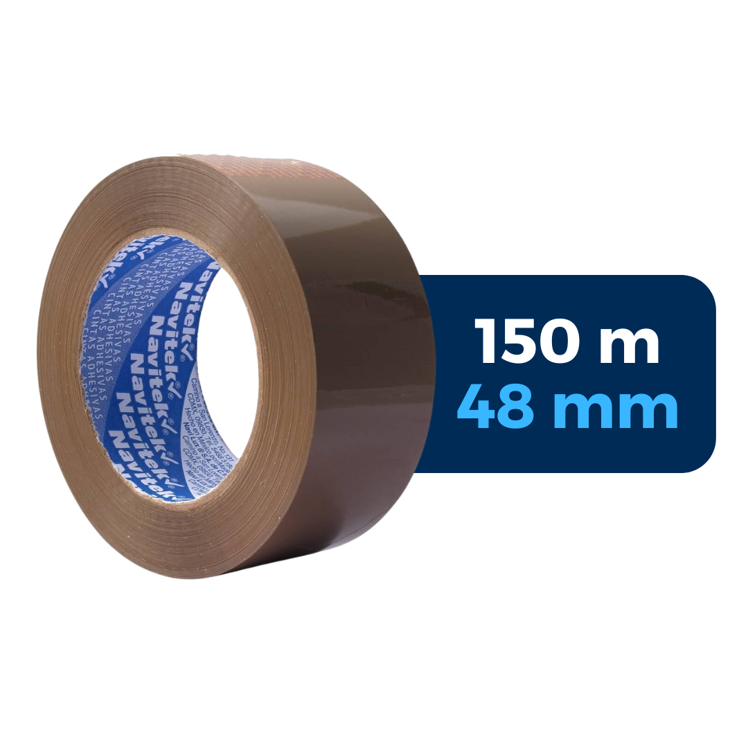 Cinta adhesiva acrílica uso 95, marca Navitek, color canela. 150 m x 48 mm. Para Paquetes.