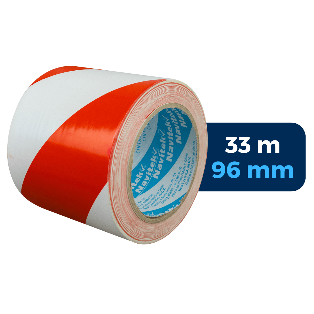 Cinta adhesiva delimitadora, blanco con rojo. 33 m x 96 mm. Para Paquetes.