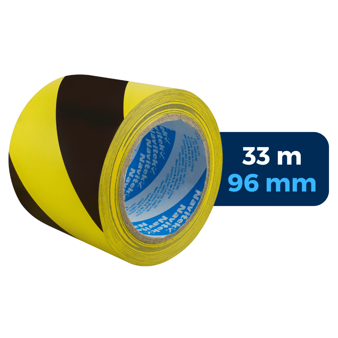 Cinta adhesiva delimitadora negro con amarillo. 33 m x 96 mm. Para Paquetes.