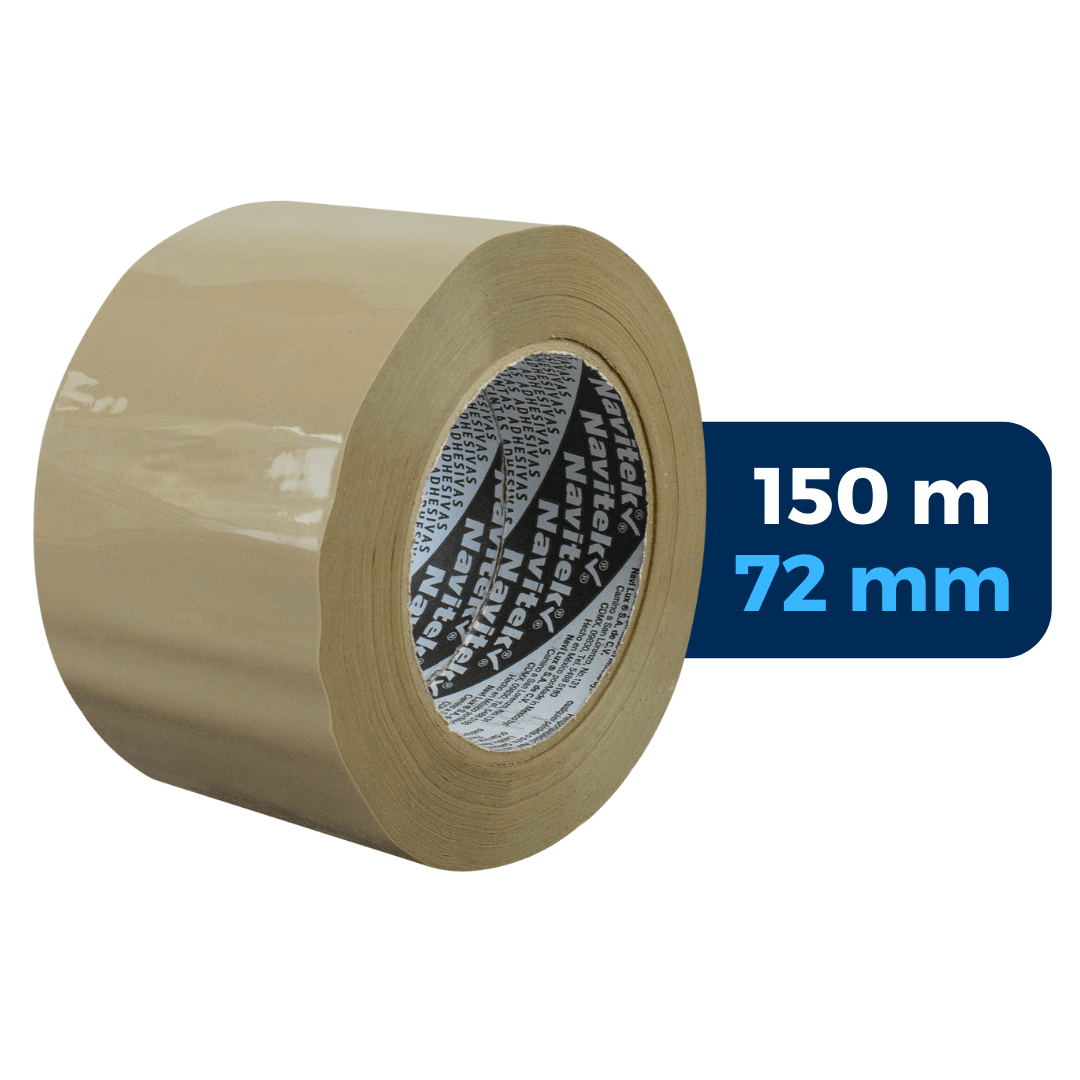 Cinta adhesiva canela de uso 100. Marca Navitek. 72 mm x 150 m. Para Paquetes.