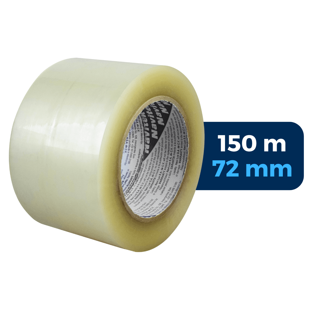 Cinta adhesiva acrílica transparente, uso 100. Marca: Navitek. 150 m x 72 mm. Para Paquetes.