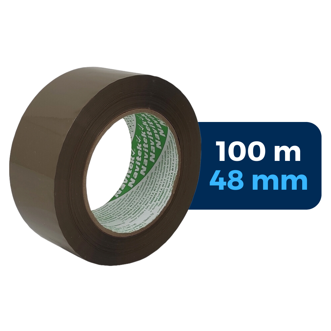 Cinta adhesiva HotMelt, uso 579, color canela, 100 m x 48 mm. Marca: Navitek. Para Paquetes.