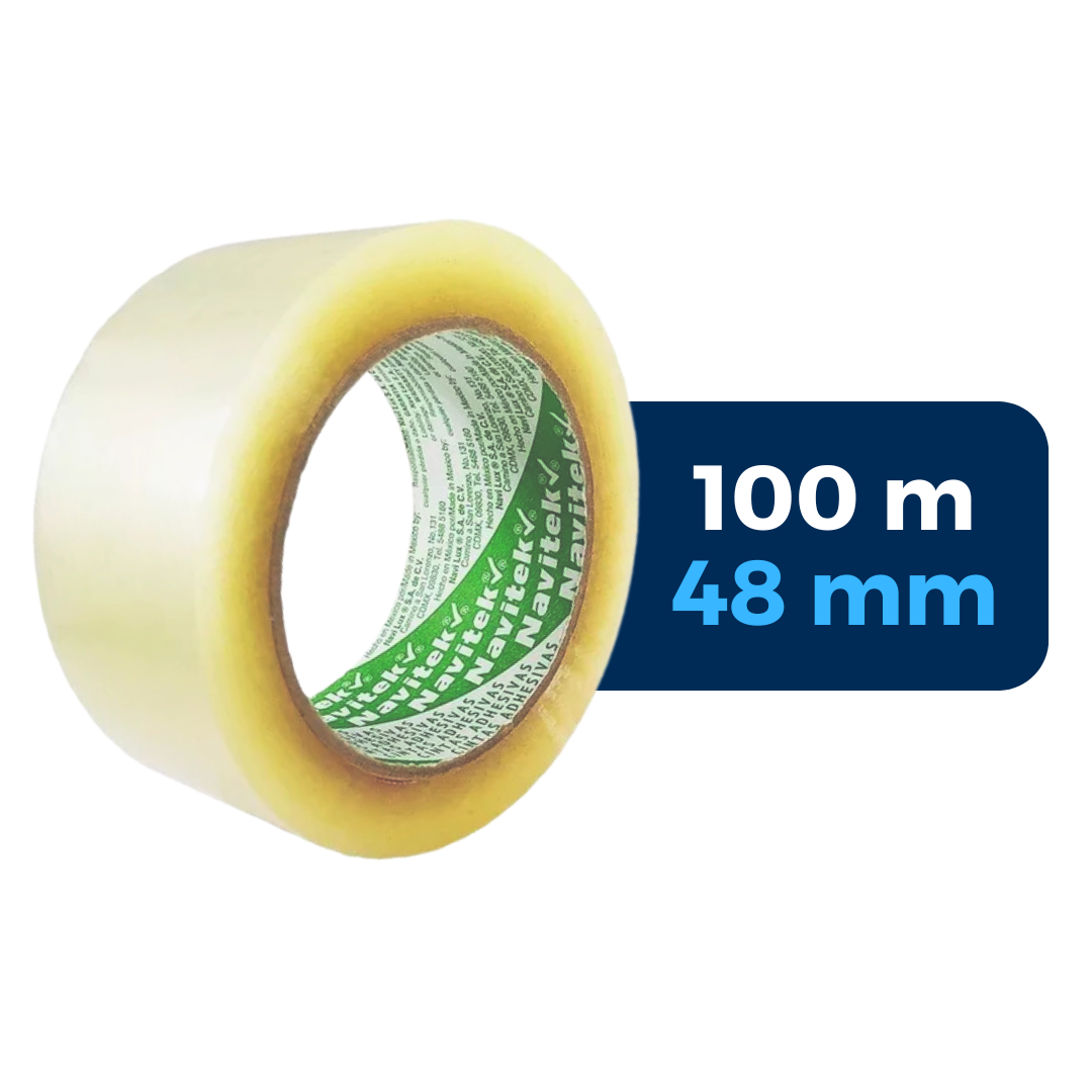 Cinta adhesiva HotMelt, uso 579, color transparente, 48 mm x 100 m. Marca: Navitek. Para Paquetes.