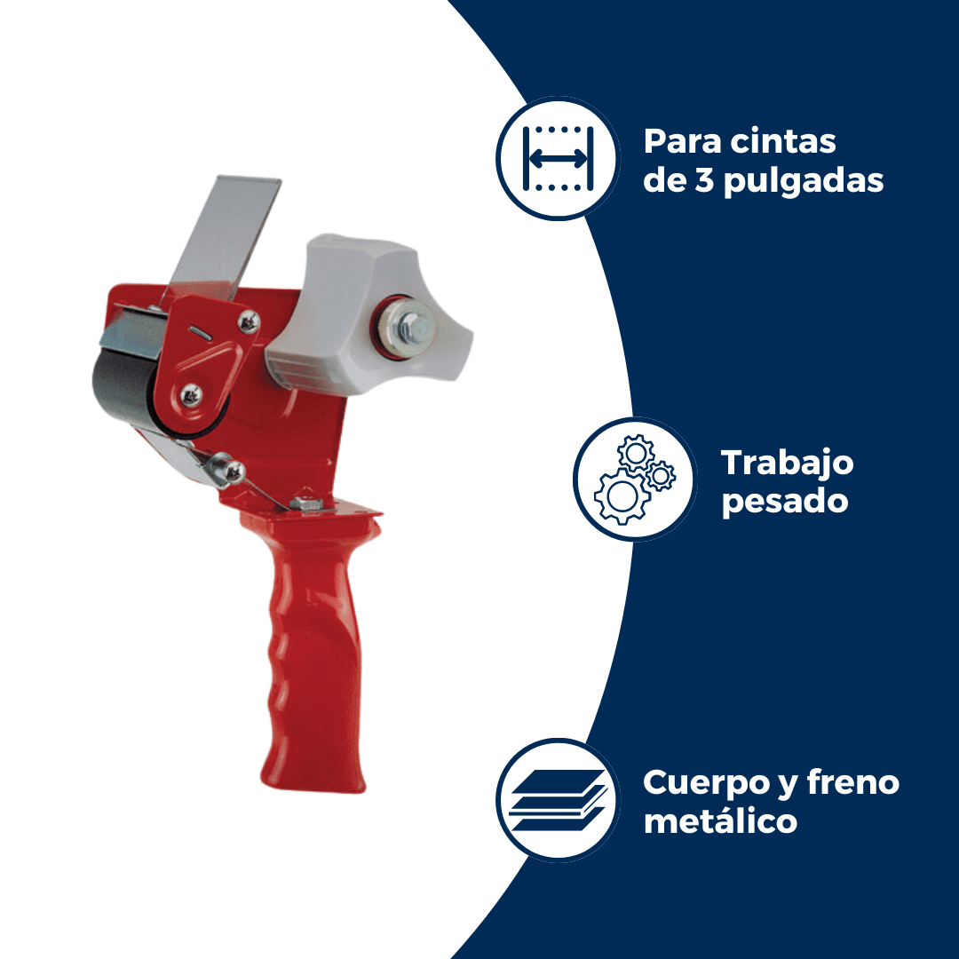 Despachador de Cinta Adhesiva 3", modelo T500K. Descripción: para cintas de 3 pulgadas, para el trabajo pesado, con cuerpo y freno metálico. Color Rojo. Para Paquetes.