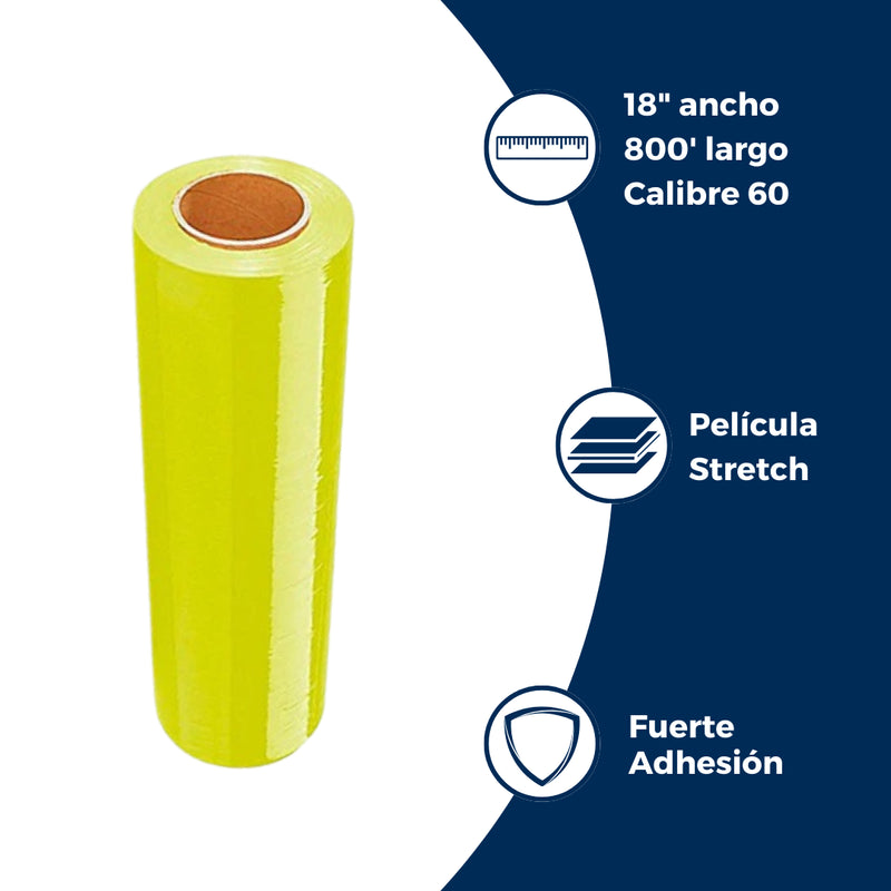 Características del emplaye de película stretch amarillo: calibre 60, 18 pulgadas de ancho, 800 pies de largo. Para Paquetes.
