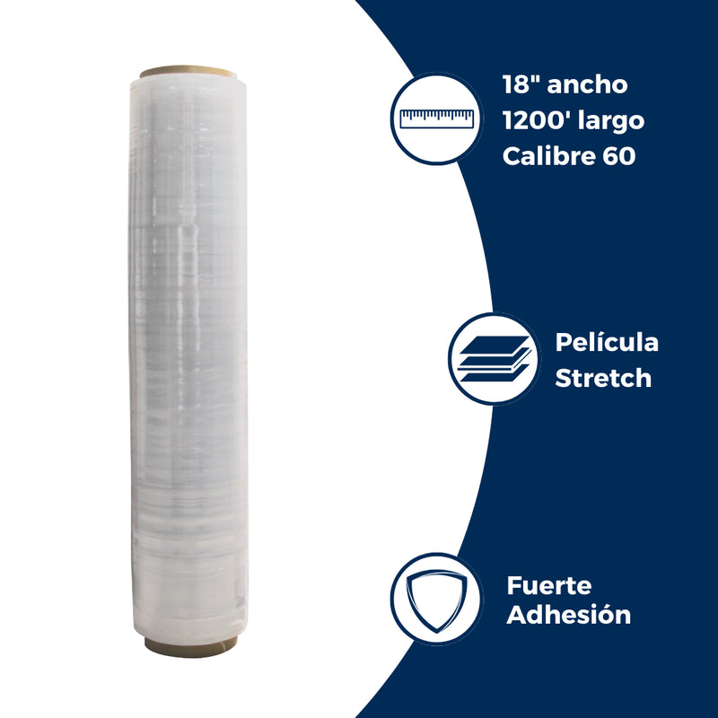 Características del rollo de plástico para emplayar: hecho de película stretch, cal. 60, 18" de ancho x 1200" largo.