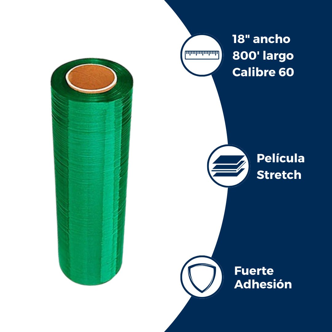 Características del emplaye de película stretch verde: calibre 60, 18 pulgadas de ancho, 800 pies de largo. Para Paquetes.