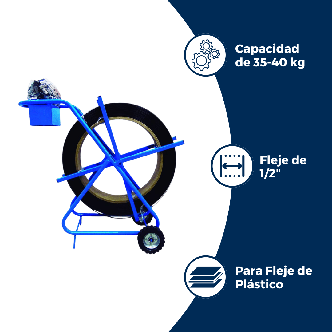 Descripción del portarrollo para fleje de plÁstico: capacidad de 35-40 kg, para fleje de 1/2 pulgada de plÁstico. Para Paquetes.