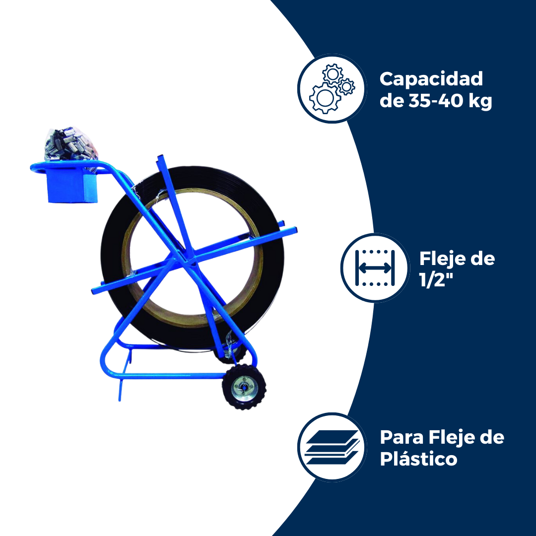 Descripción del portarrollo para fleje de plástico: capacidad de 35-40 kg, para fleje de 1/2 pulgada de plástico. Para Paquetes.