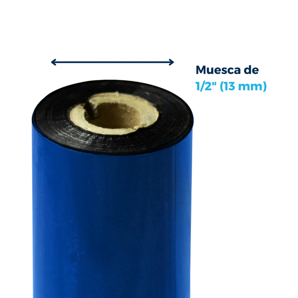 110mm X 74m Muesca 1/2" - Ribbon de Cera | Poliéster Recubierta con Cera | Azul