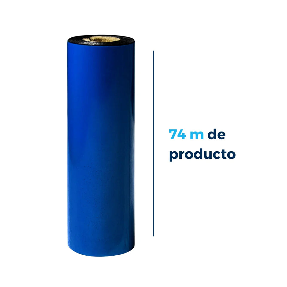 110mm X 74m Muesca 1/2" - Ribbon de Cera | Poliéster Recubierta con Cera | Azul