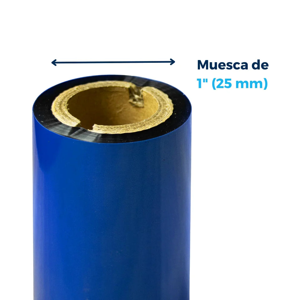 110mm X 74m Muesca 1" - Ribbon de Cera | Poliéster Recubierta con Cera | Azul