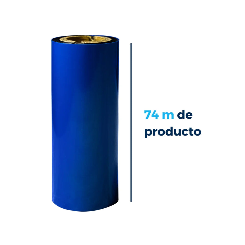 110mm X 74m Muesca 1" - Ribbon de Cera | Poliéster Recubierta con Cera | Azul