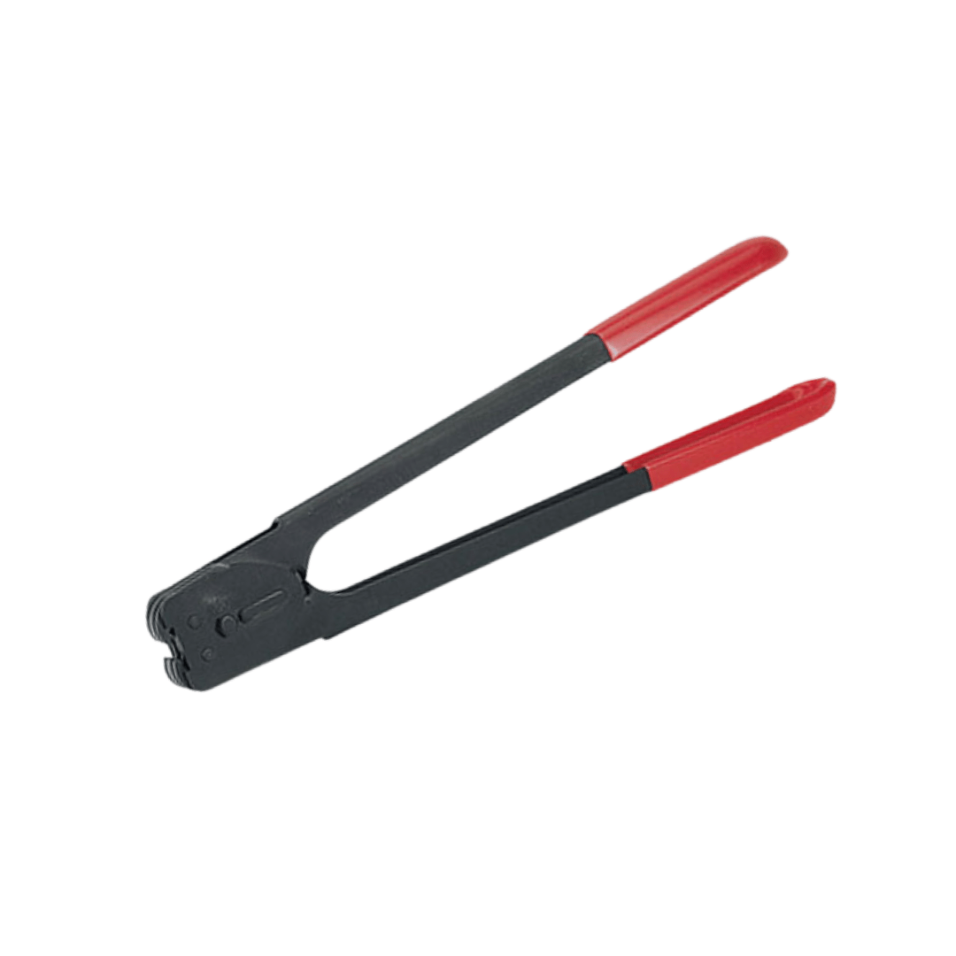 Selladora para Flejes de Acero de Mango Largo. Color gris con mango rojo. Para Paquetes.
