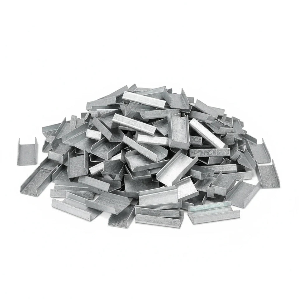 Sellos AA de Acero Galvanizado para Fleje de Acero - 1/2" Abierto | Paquete de 1000 | Gris Plata | Cal. 24