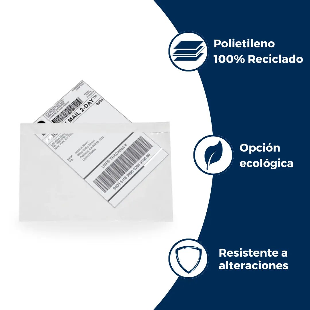 Características de sobres packing list: hechos de polietileno con respaldo de papel blanco, cara exterior autoadhesiva, resistente a alteraciones.