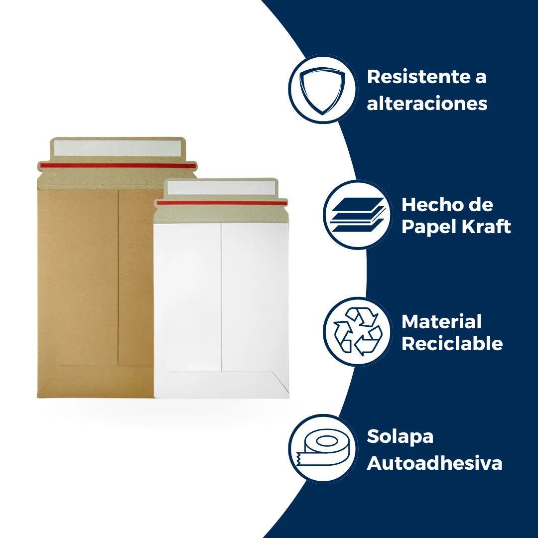 Características de sobres rígidos Kraft: hechos de papel kraft con solapa autoadhesiva, resistente a alteraciones y de material reciclable.