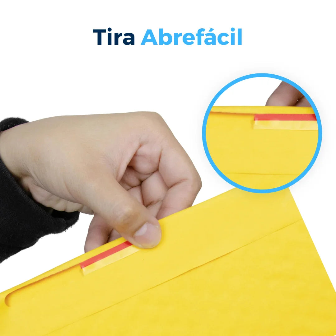 Tira abrefÁcil, sobres con burbuja amarillos. Para Paquetes.