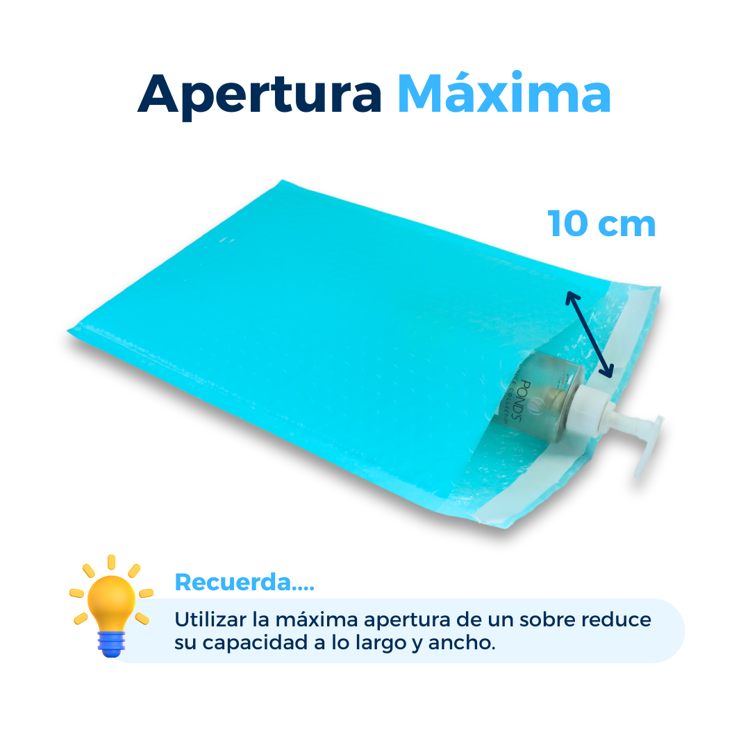 Sobres con burbuja azules, apertura máxima 10 cm. Para Paquetes.