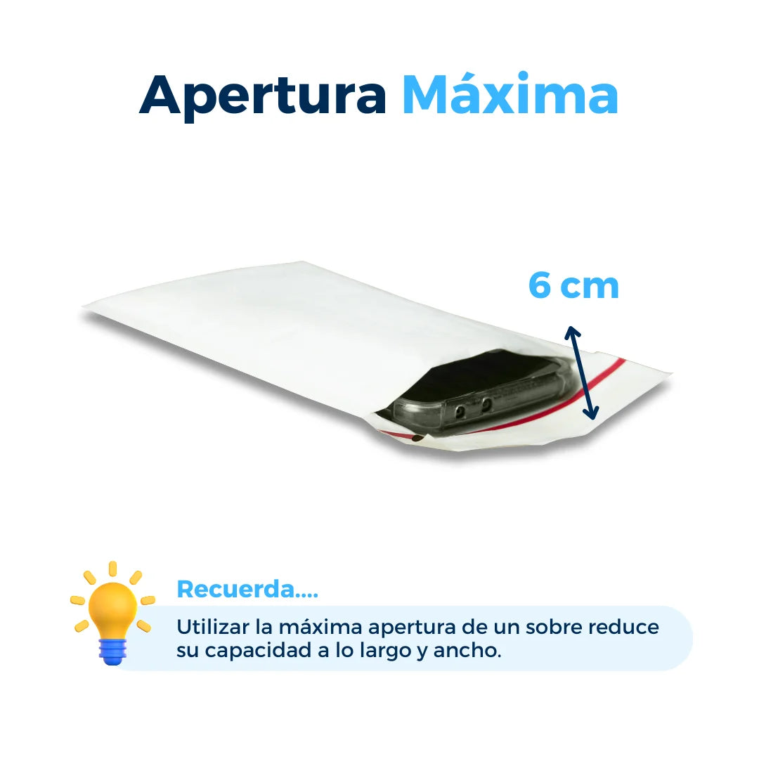 Sobres con Burbuja Blancos #000 10 x 20 cm. Con celular como referencia de tamaño. Para Paquetes.