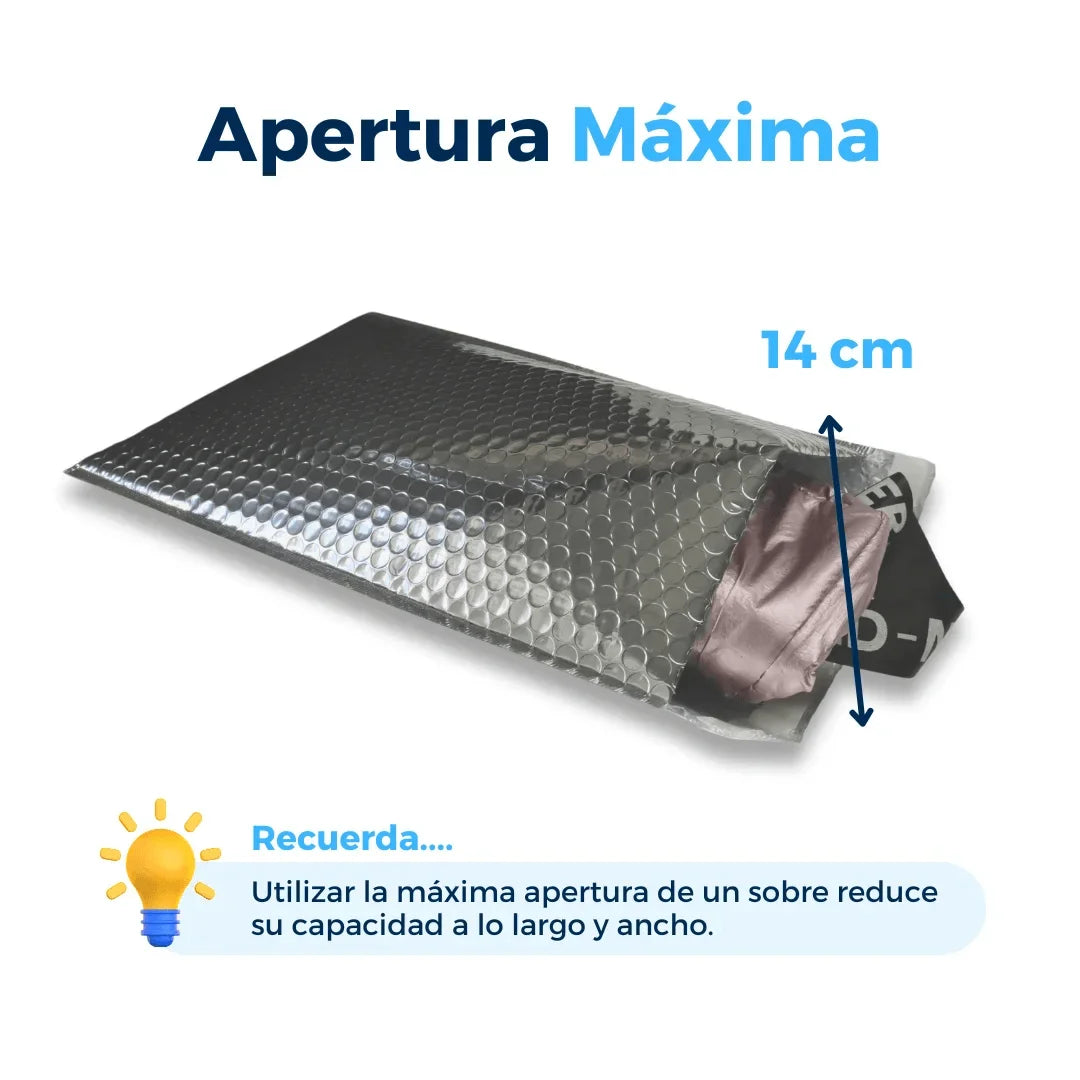 Sobres con Burbuja Plateados #5 26 x 40 cm. Con espejo como referencia de tamaño. Para Paquetes.