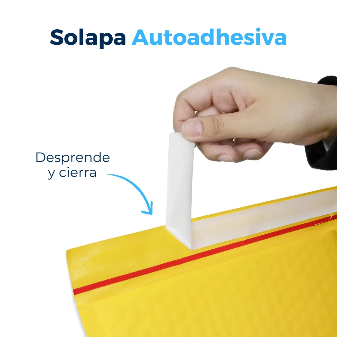 Solapa autoadhesiva, sobres con burbuja amarillos. Para Paquetes.