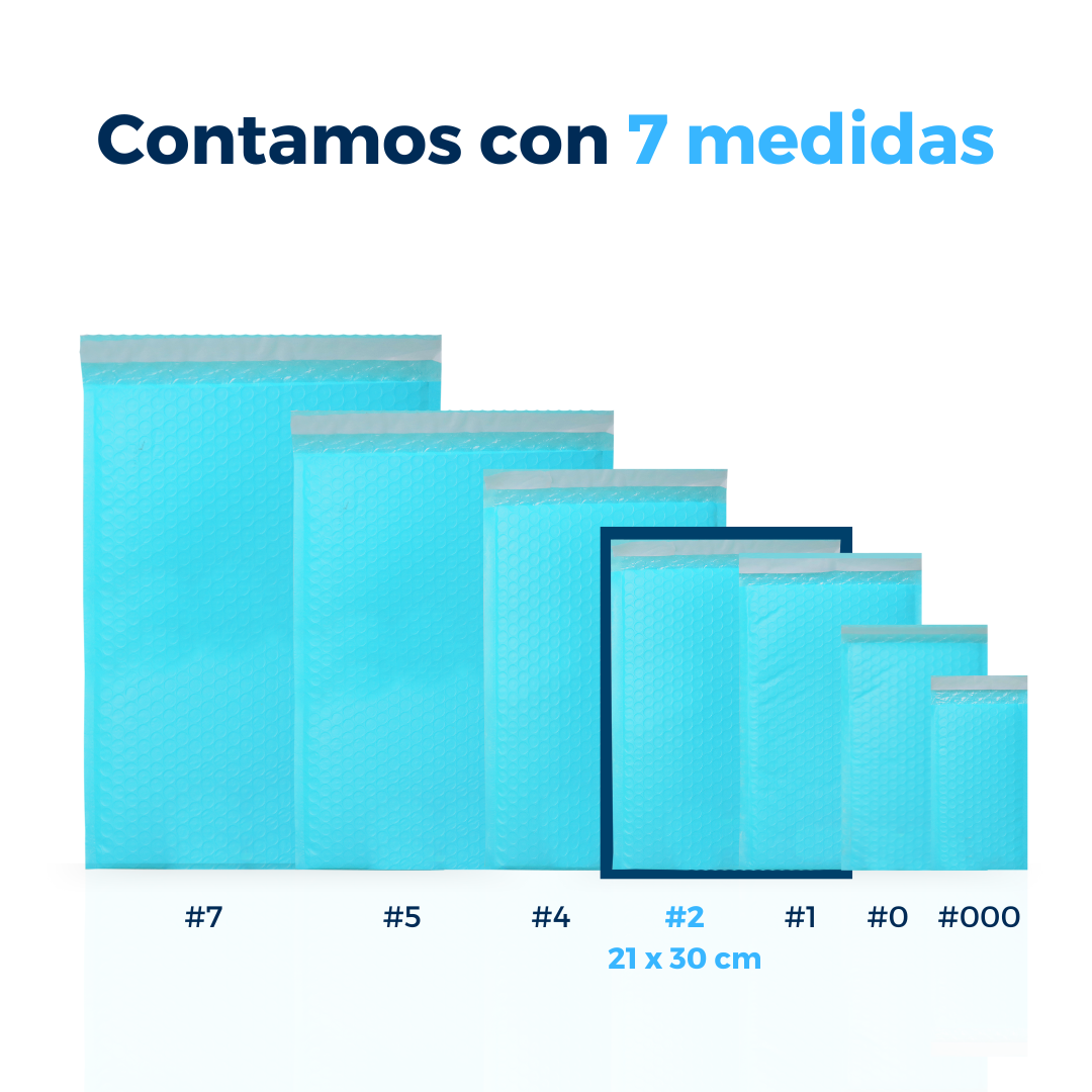 Contamos con 7 medidas de sobres con burbuja azules. Para Paquetes.