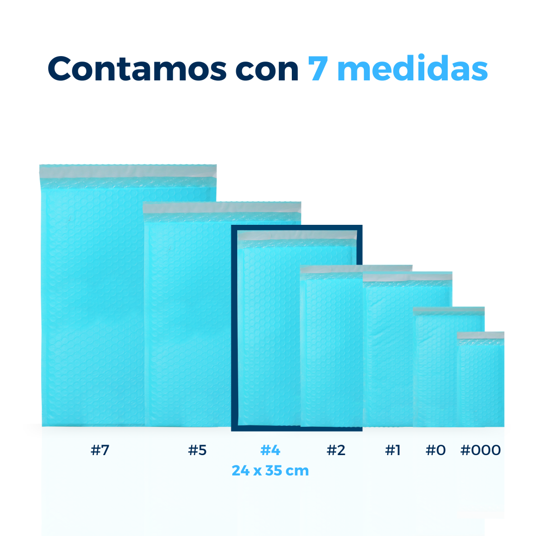 Contamos con 7 medidas de sobres con burbuja azules. Para Paquetes.