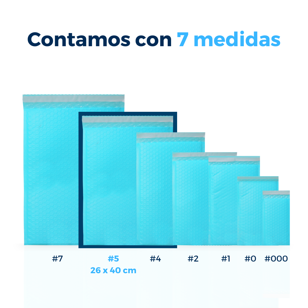 Contamos con 7 medidas de sobres con burbuja azules. Para Paquetes.