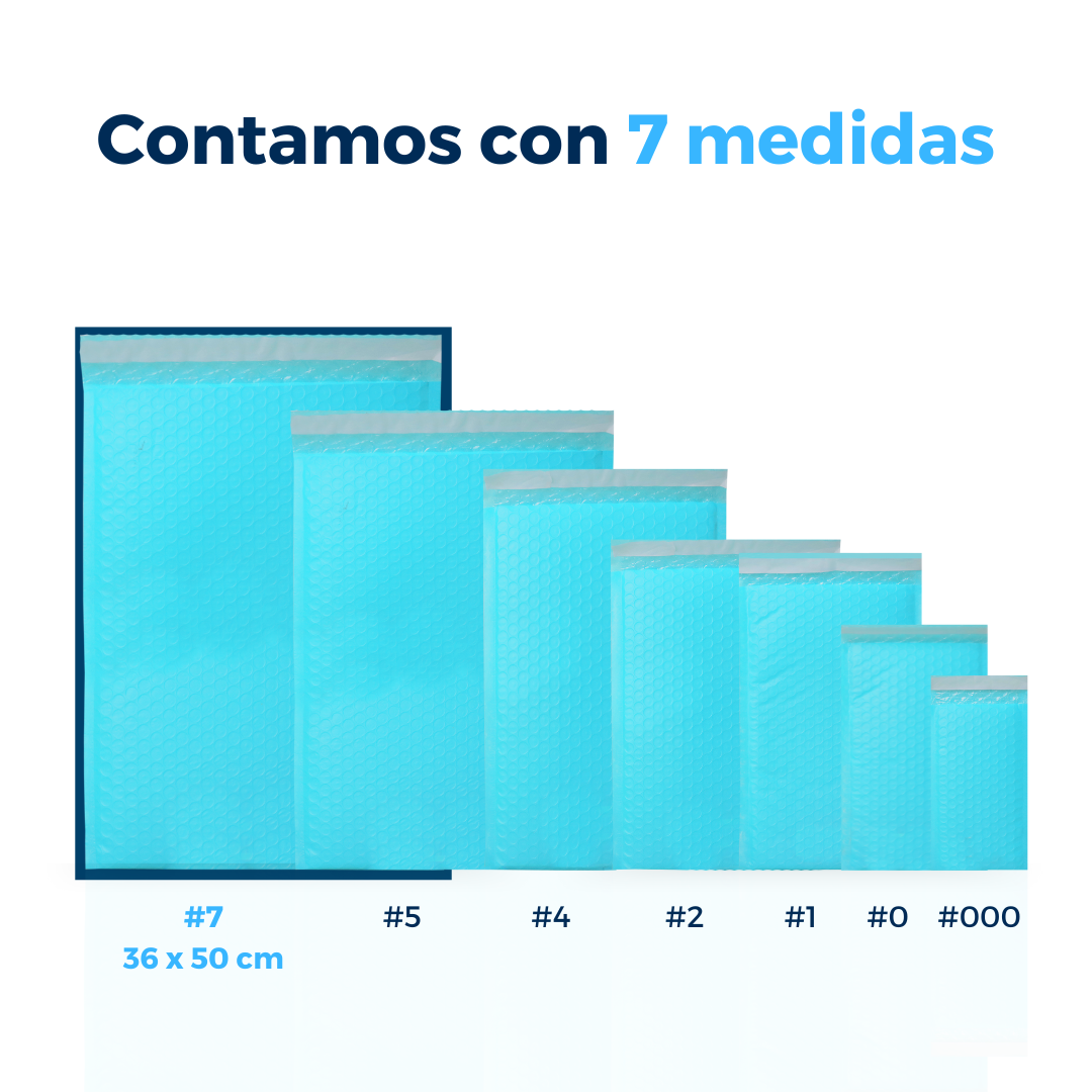 Contamos con 7 medidas de sobres con burbuja azules. Para Paquetes.