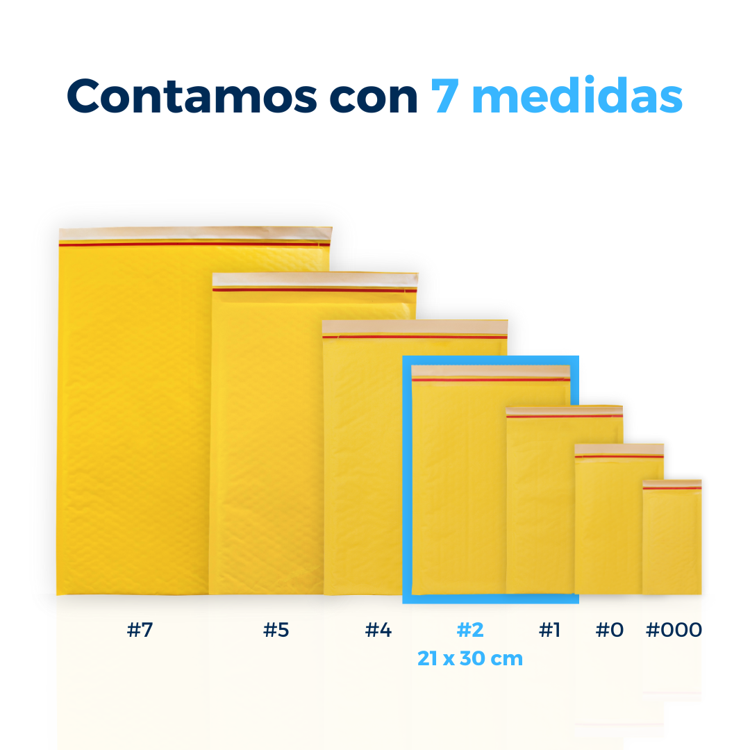 Contamos con 7 medidas de sobres con burbuja. Para Paquetes.