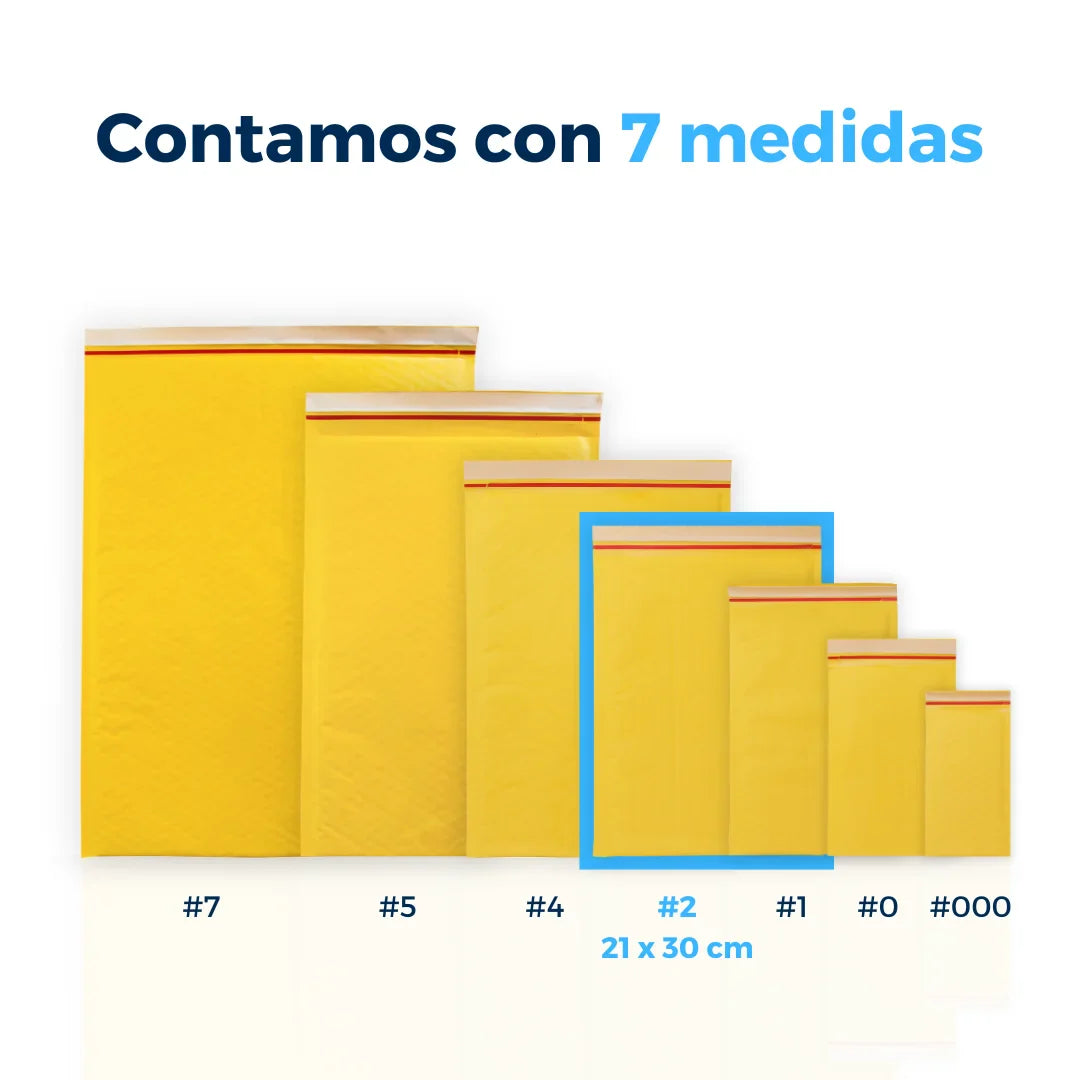 Contamos con 7 medidas de Sobres con Burbuja Amarillos. Para Paquetes.