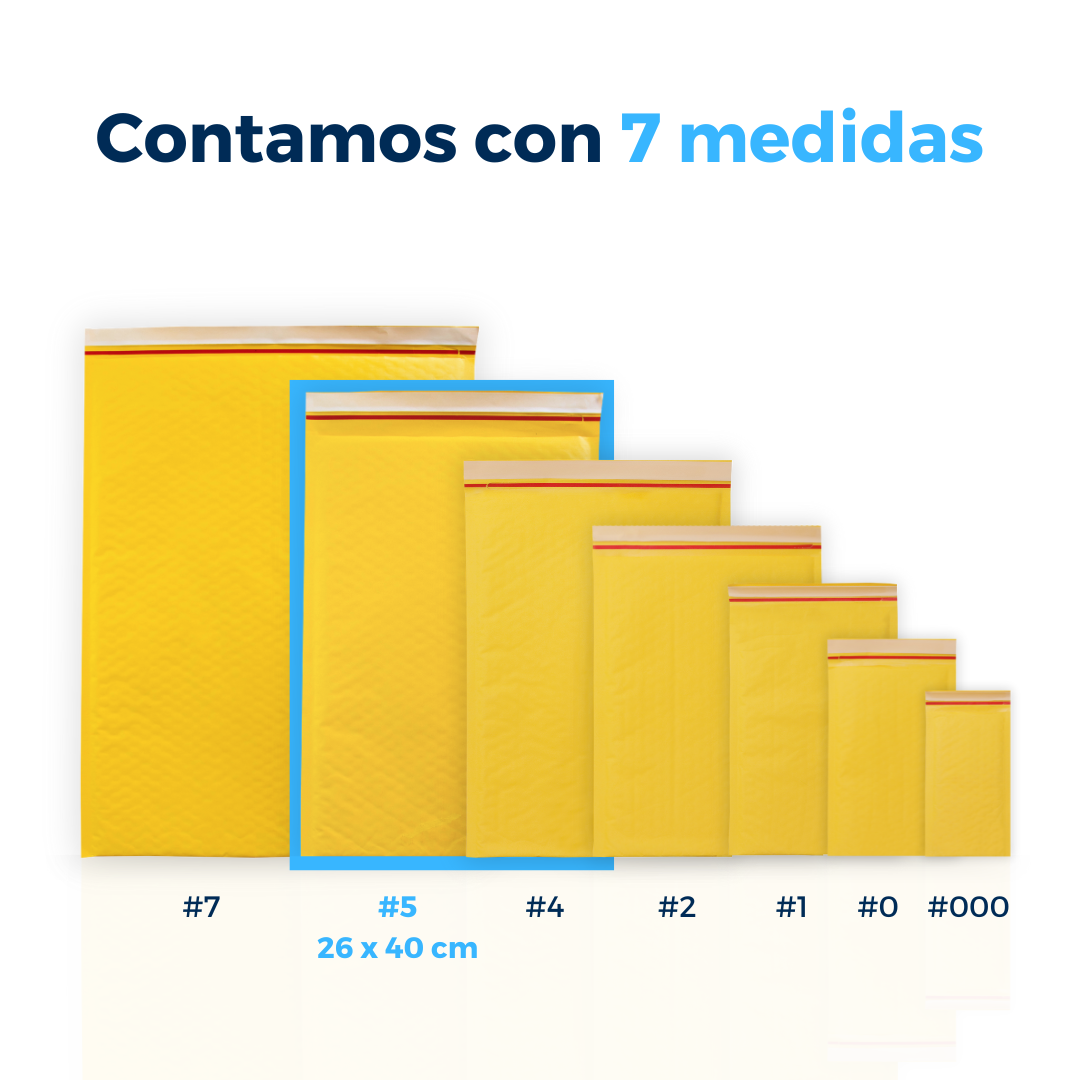 Contamos con 7 medidas de sobres con burbuja. Para Paquetes.