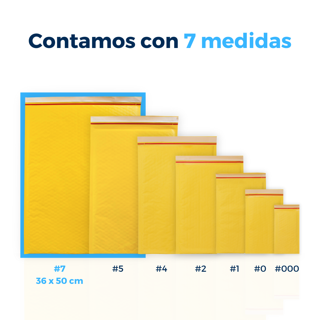 Contamos con 7 medidas de sobres con burbuja. Para Paquetes.