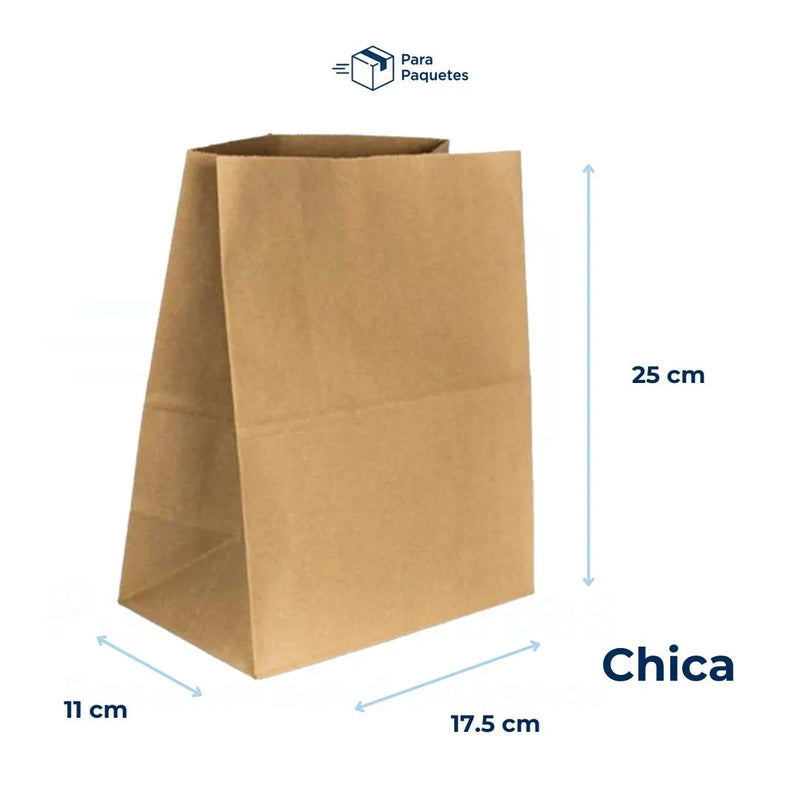 Medida de bolsas de papel kraft chica: 25 cm de alto por 17.5 cm de ancho y 11 cm de profundidad.