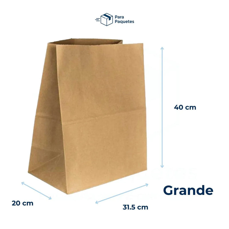 Medida de bolsas de papel kraft grande: 40 cm de alto por 31.5 cm de ancho y 20 cm de profundidad.