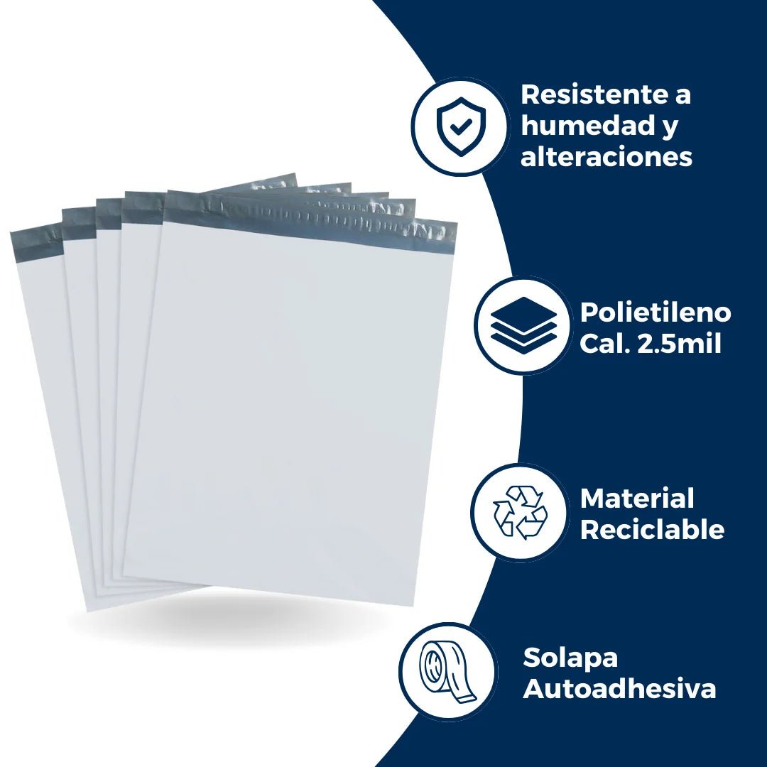 Características y especificaciones de Sobres para envíos premium: Hecho de polietileno, solapa autoadhesiva, resistente a la humedad, reciclable y resistente a alteraciones. Para Paquetes.