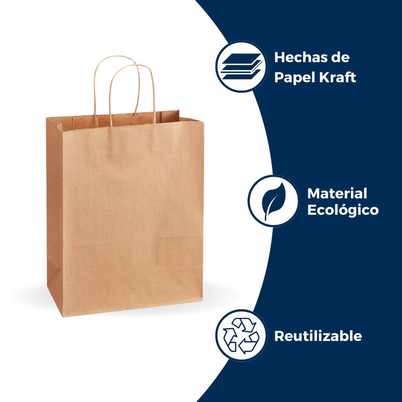 Características de bolsas de papel kraft con asa: hecha de papel kraft, material ecológico y reutilizable.