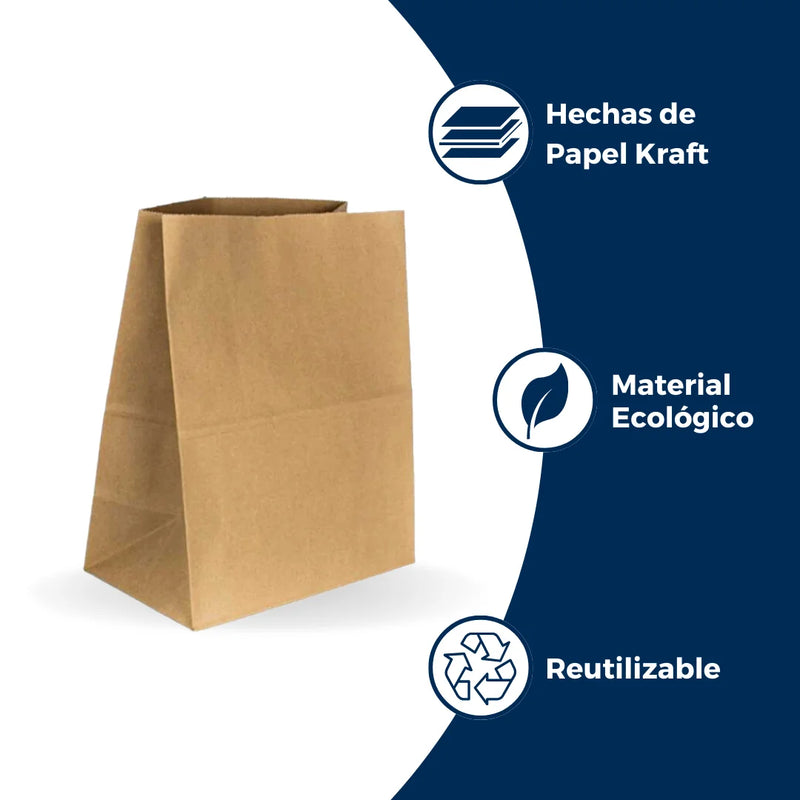 Características de bolsas de papel kraft sin asa: hecha de papel kraft, material ecológico y reutilizable.