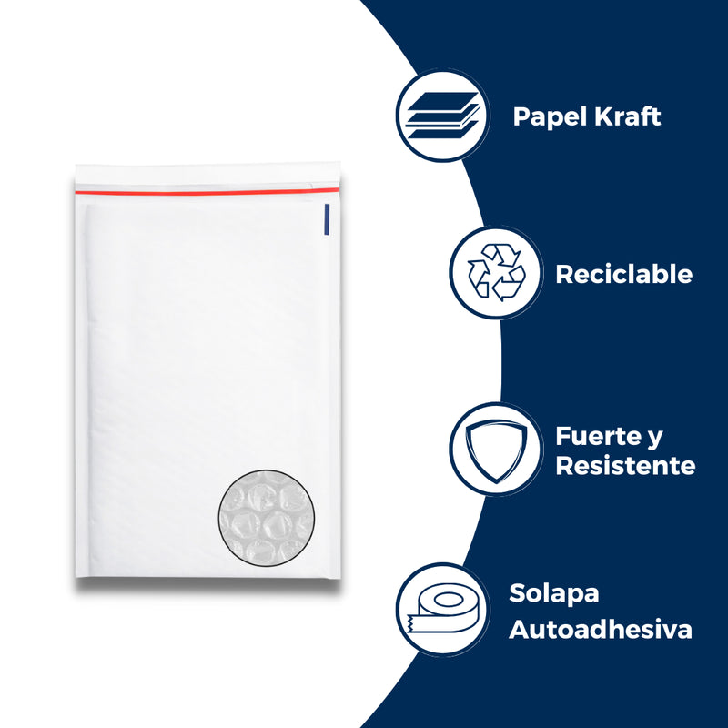 Características y especificaciones del sobre con burbuja blanco: Hecho de papel kraft, solapa autoadhesiva, reciclable y resistente a alteraciones. Para Paquetes.