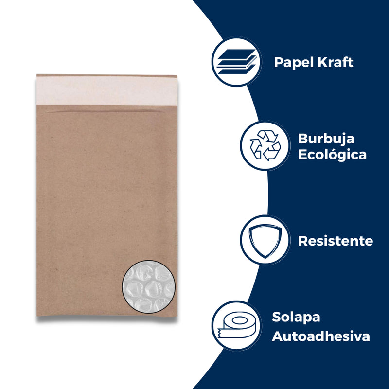 Características y especificaciones del sobre con burbuja kraft: Hecho de papel kraft, solapa autoadhesiva, opción ecológica y resistente a alteraciones. Para Paquetes.
