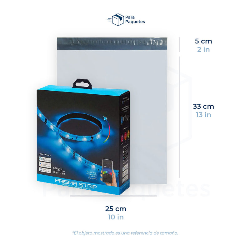 Medida de bolsa para envíos premium, 25 x 33 cm, con caja de luces led como referencia de tamaño.