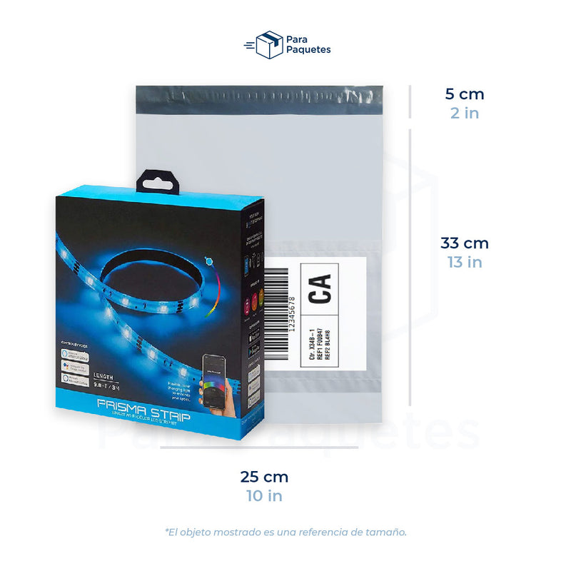 Medida de bolsa para envíos premium con portaguías, 25 x 33 cm, con caja de luces led como referencia de tamaño.