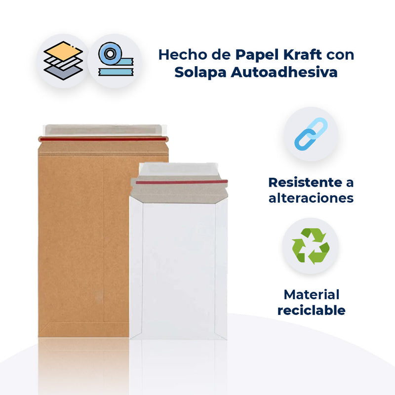 Características de sobres rígidos Kraft: hechos de papel kraft con solapa autoadhesiva, resistente a alteraciones y de material reciclable.